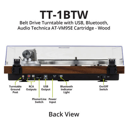 Dayton Audio Belt Drive Turntable with USB, Bluetooth, Audio-Technica AT-VM95E Cartridge - Wood